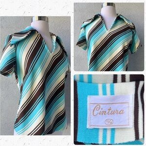 Vintage 70s Cintura Short Sleeve Diagonal Striped Shirt w/Dagger Collar Sz M